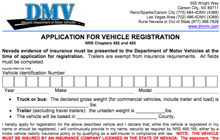 nevada requisitos para registrar un vehiculo